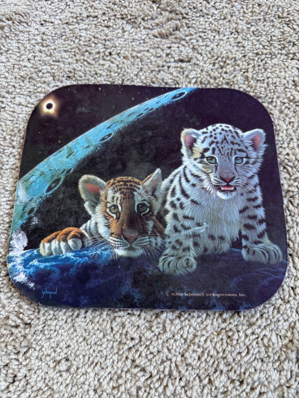 Tiger & Snow Leopard Cubs Art Mousepad - Blue Black Cosmic Scene